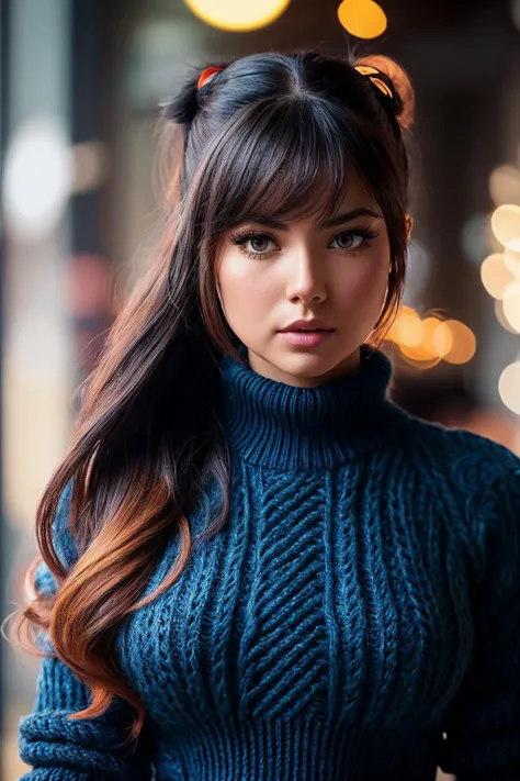 perfect cinematic shoot of a beautiful woman (EP0x1ll3ry:.99), a woman standing in  (fantasy land), perfect high ponytail, wearing sexy (Honolulu Blue  Chunky cable-knit Aran sweater with skinny jeans and knee-high boots:1.2), (christmas decorations in bac...