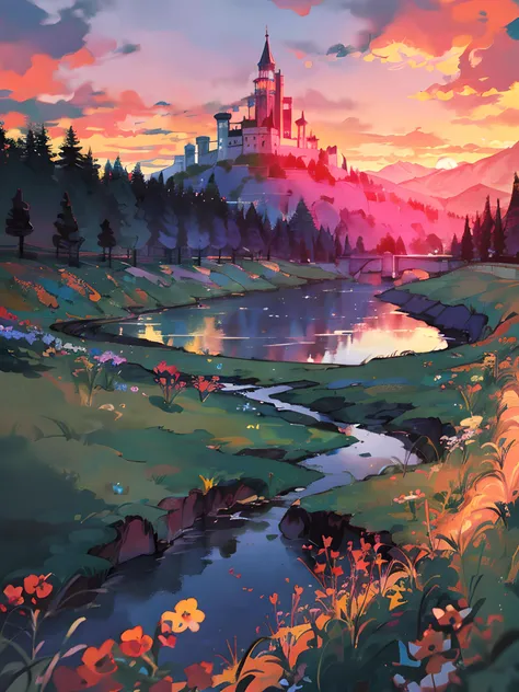 a painting of a castle in the middle of a field