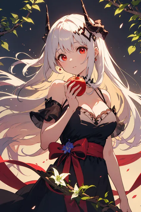 <lora:mudrock-03:0.7> mudrock, large breasts, red eyes, white hair, horns, (flower hair ornament:1.1), long hair, black dress, bare shoulders, floating hair, bow, ribbon, holding apple, vines, lily (flower), glowing, cleavage, head tilt, bokeh, masterpiece...