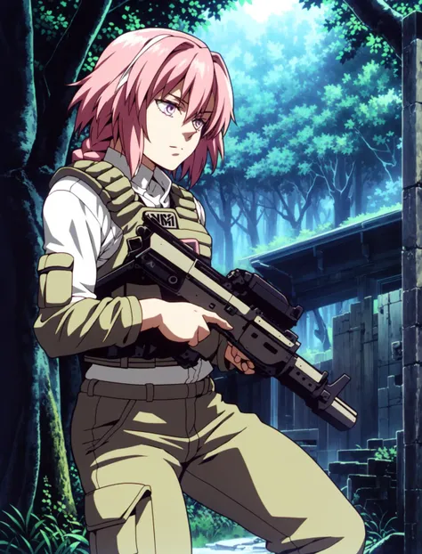 a woman with pink hair holding a gun in a forest