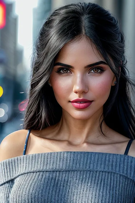 photo of beautiful (stephgonz:0.99), a woman with beautiful hair, hair upsweep updo, as a movie star in a (movie premiere), premiere gala, (near a movie theatre), natural skin texture, (sexy tight blue sweater off-shoulder with a strap), 24mm, 4k textures,...