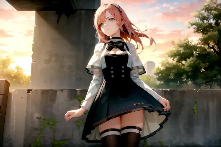 r93 looking up into the distance post-apocalypse, [lips:0.8], green eyes, expressionless, closed mouth, looking away, head tilt, pink hair, dappled sunlight, sunset, <lora:r93GirlsFrontline_v10:1.0>