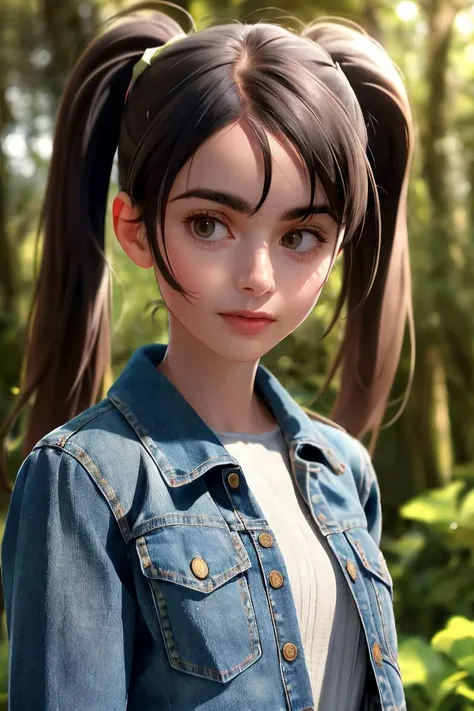 1girl, solo, portrait, denim jacket, twin_tails, dense_woods, forest, sunlight, blurry_background, bokeh, chromatic_aberration, depth_of_field, female focus, photorealistic, soft colors, masterpiece, high quality, (high detailed skin:1.1)
 <lora:lily_colli...