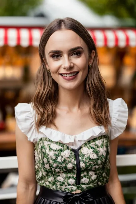 a woman in a green and white dress smiling at the camera