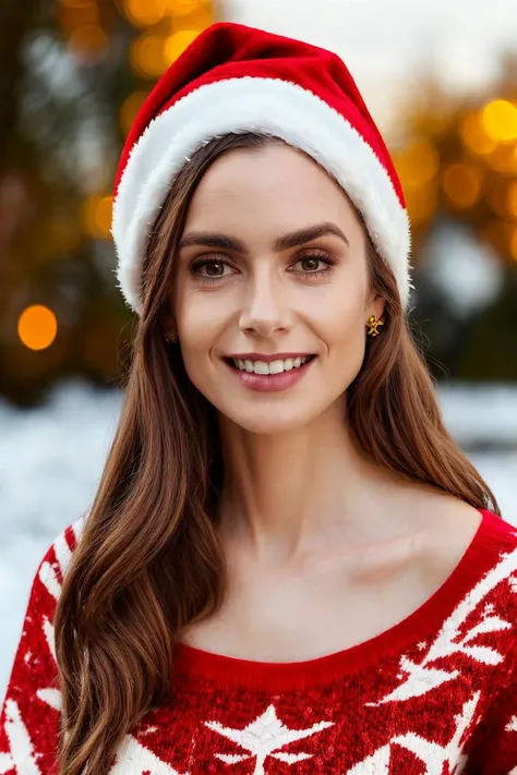 headshot, ugly red sweater, Santa hat, celebrating Christmas, smile, soft colors, bokeh, masterpiece, high quality, (high detailed skin:1.1)
<lora:lily_collins_lora_v01:1> l1lyco