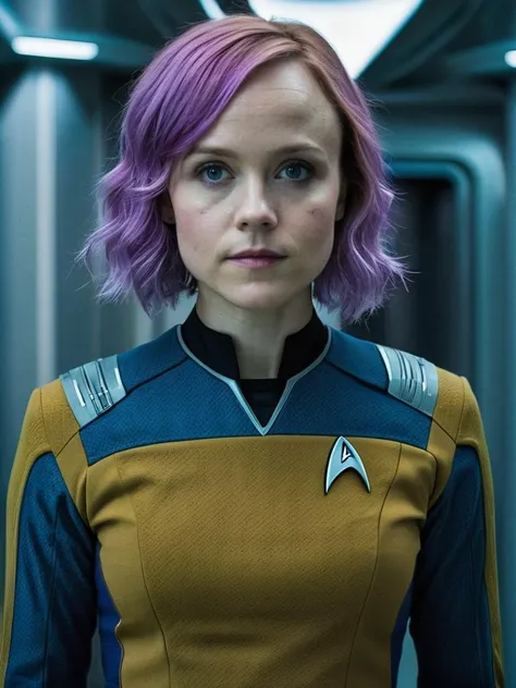 professional portrait photograph of a beautiful, Alison Pill with (long purple hair), (wearing star trek uniform:1.2), (standing in a hallway inside a space ship:1.2), <lora:DetailedEyes_V3:0.8>  (pores:0.5) (freckles:0.2)