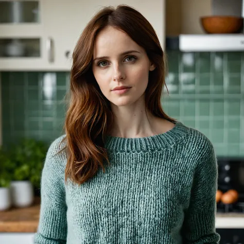 professional portrait photograph of a Felicity Jones with (long auburn hair), (wearing a sweater:1.2), (in a kitchen:1.2), summer <lora:DetailedEyes_V3:0.8> (pores:0.5) (freckles:0.2) (bokeh:0.3)