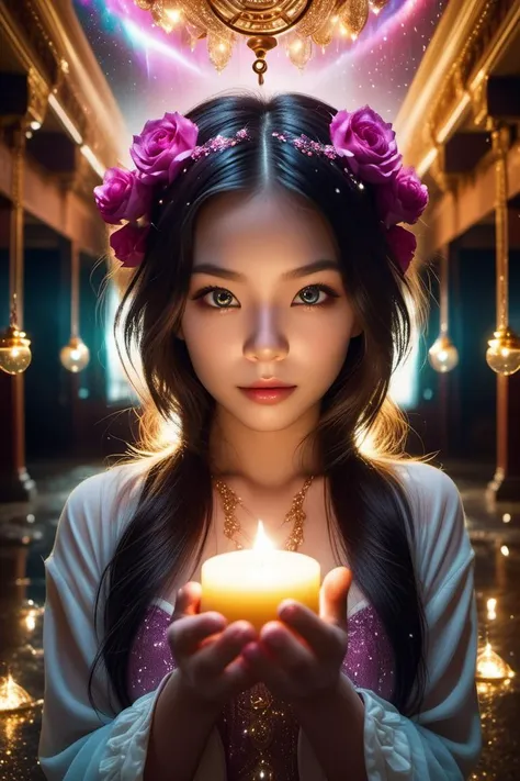 (Hyperreal:1.4),
(((full body shot:1.5))), raw, emotional, dynamic, distortion for emotional effect, vibrant, use of unusual colors, cute cinematography, (realistic, photo realistic:1.4),
kitsune with cunning intelligence  in sparkling chandeliers in a hau...