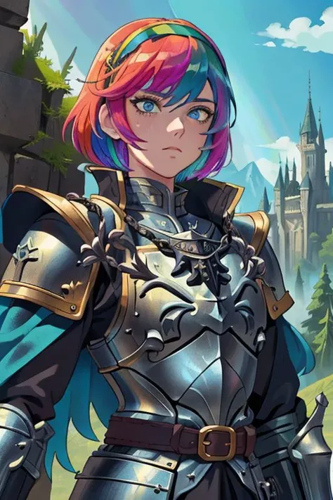 ((medieval fantasy)), castle wall top background, merlons, blue sky, clouds, forest, mountains in the distance, (adult), female knight standing on a castle wall, (rainbow hair), short hair, (messy cut), ((beautiful face)), blue eyes, strong, freckles, lot ...