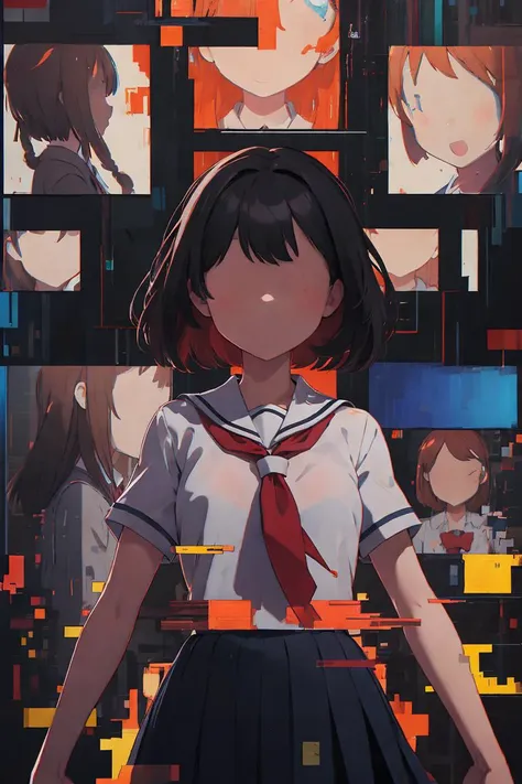 anime girl in a school uniform standing in front of a wall of pictures