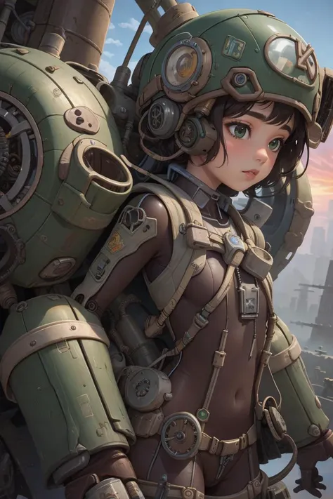 (masterpiece, best quality, ultra detailed), steampunk, retro, vapor, 1girl, solo, cute, close up, bodysuit, green tone exoskeleton, mecha musume, pipes, gears, <lora:heavy_exoskeleton:0.9>, transparent air, sky, <lora:add_detail:-0.2>