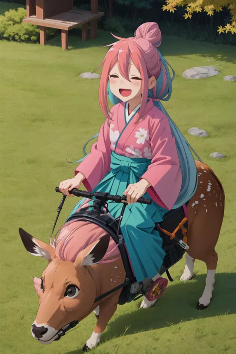 anime girl riding a horse with a deer in the grass