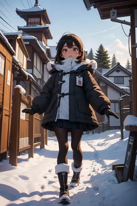 (masterpiece, best quality, ultra detailed), 1girl, solo, turn ones face away, looking away, outdoors, Style-Japan, parka, skirt, tights, boots, mitten gloves, winter, early morning, transparent air, sky, white breath,