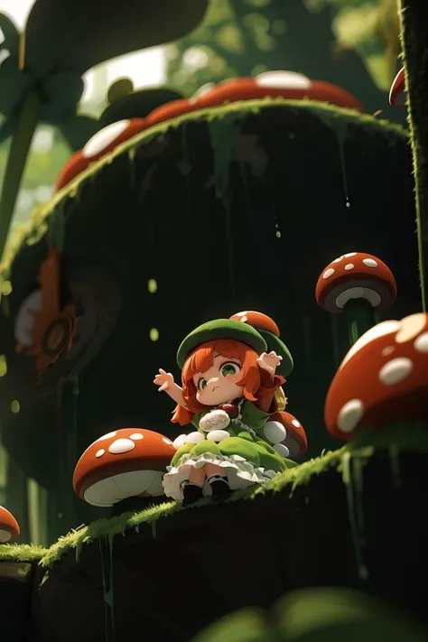 a close up of a small doll sitting on a mushroom covered hill