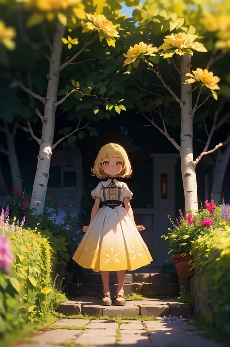 (rich gradient, extreme colors, extreme details, clear light perception, cinematic composition, (intricate detail:1.3), blurry foreground),
BREAK (1girl, solo, standing, blush, smile, blonde hair, yellow eyes, arms at sides),
(flower, garden, grass, stone ...