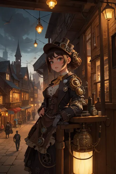 (masterpiece, best quality, ultra detailed), 1girl, solo, overlooking, steampunk town scene, steampunkai, <lora:steampunkai10MBLora_10mb:0.5>,