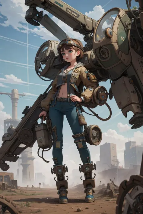 (masterpiece, best quality, ultra detailed), steampunk, retro, vapor, 1girl, solo, cute, bodysuit, skinny pants, goggles, green tone exoskeleton, mecha musume, pipes, gears, <lora:heavy_exoskeleton:0.9>, transparent air, sky, <lora:add_detail:-0.2>