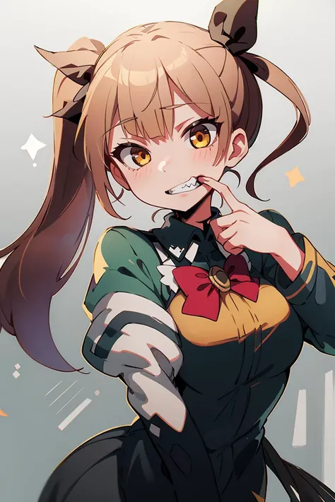 (masterpiece, best quality, ultra detailed), textile shading, 1girl, bust up, clenched teeth, (index finger inside mouth, one hand pulling mouth:1.2), <lora:mouth_pull:0.9>, side ponytail, two-tone dots background