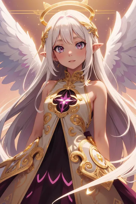 (intricate details), (****), eldritch, (dream), illustration, heaven background, 1girl, white hair, golden eyes, long hair, halo, angel wings, serene, looking at viewer, black, (magenta:1.2), (white:0.8), immaculate, heroic (theme), glow, glowing eyes, (sp...