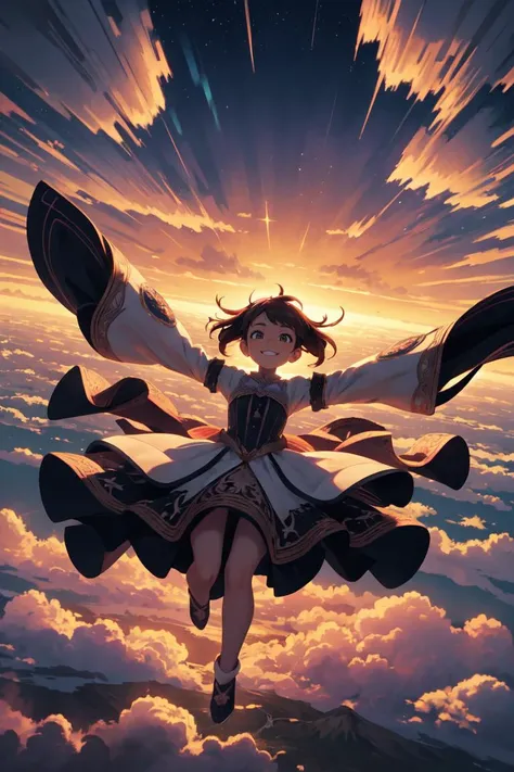 (best quality, ultra detailed, beautiful), fantastic, fantasy, intricate abstract, magical, 1girl, solo, falling, <lora:falling-wasabiya:0.8>, smile, overlooking, town above, spread arms, high altitude, horizon, cloud, star, wide sleeves,