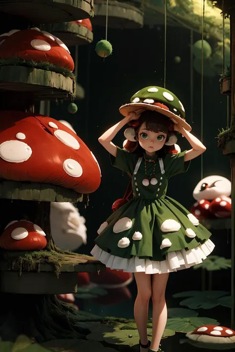 there is a woman in a green dress and hat standing in front of a mushroom