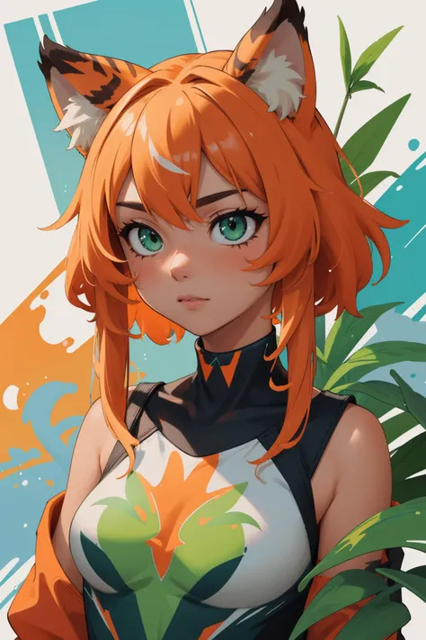 (masterpiece:1.1), (highest quality:1.1), (HDR:1.0), extreme quality, cg, (negative space), detailed face+eyes, 1girl, fox ears, animal ear fluff, (plants:1.18), (fractal art), (bright colors), splashes of color background, colors mashing, paint splatter, ...