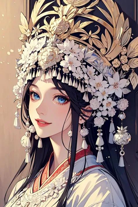 woman wearing miaofashion,portrait,big blue eyes,sweet smile,masterpiece,8k,highest quality,trending on art station,<lora:MiaoFashion:0.8>,