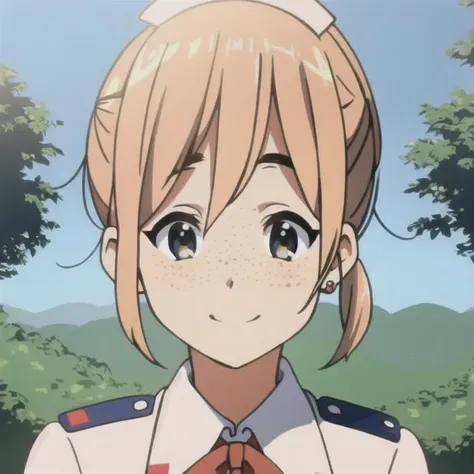 anime girl in uniform with ponytail and tie looking at camera