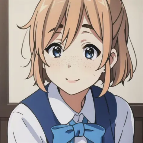 anime girl with blonde hair and blue bow tie looking at camera