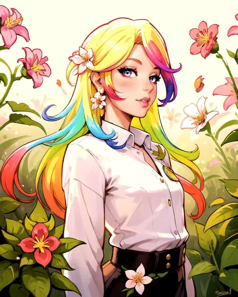 upper body, (photorealistic:1.2), (beautiful young lady), (pretty), (ethereal:1.2), (highly detailed), seductive, (floating hair), golden hair, gradient rainbow hair, floral background, (many small flowers:1.5), hair flowers, lipstick, petals, white button...