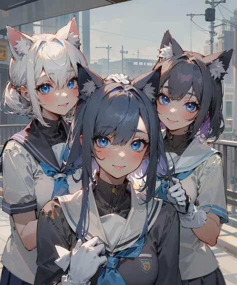 (masterpiece, best quality), 3 beautiful girl, cat ears, smile, slim body, (school uniform:1.1), (detailed beautiful eyes), paw gloves, outdoors