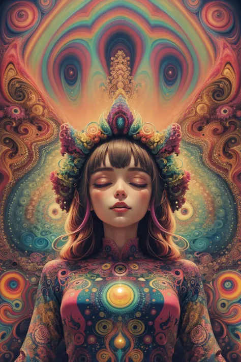 (psychedelic art:1.5), (from below:1.2), intricate dress, upper body, closed eyes, green and yellow, cute cartoon, kawaii, large eyes, happy