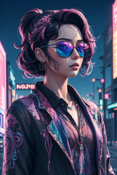 (Masterpiece, Best Quality, Highres:1.4), Detailed,1girl, Intricate Details, 4K, color splashes, line art, art, sunglasses, (vaporwave), fractal art, stylized, (neon color), purple and indigo and coral, super, (random:1.4), abstract, retro