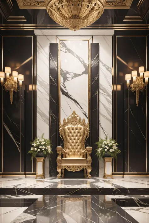 extreme quality, realistic photo of reflective marble flooring, (throne), nature, luxury, plants, supreme, ultra-detailed, extreme quality, masterpiece, 8k, intricate details, no humans