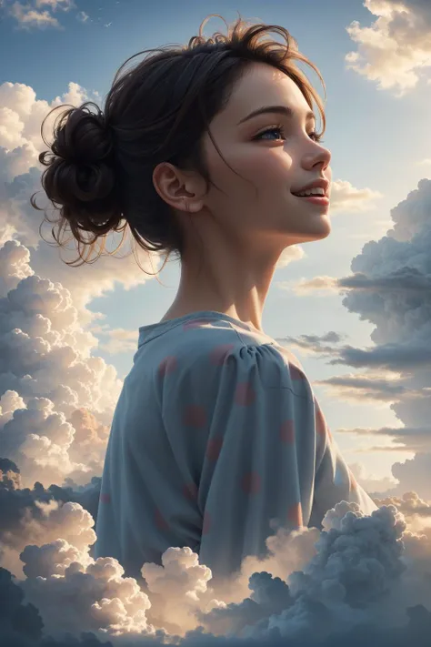 (masterpiece:1.1), (highest quality:1.1), (HDR:1.0), movie shot, 1girl, floating in the sky, cloud girl, cloud, (close-up:1.1), bright, happy, fun, soft lighting, (pattern, shapes, abstract:1.13)