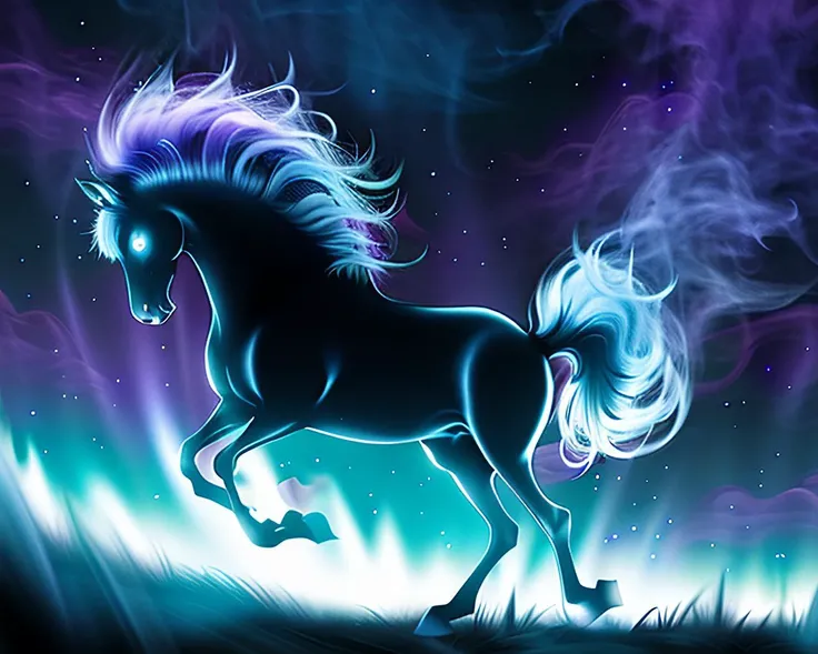 Epic wide angle shot of a horse made out of (purple smoke:1.25) and colorful energy, space nebula and iridescent colors, smoke light strokes and the energy of the universe in the shape of a horse, running in a grassfield at night
<lora:Smoke:1>