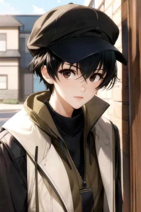 masterpiece, best quality, illustration, 1boy, solo, male focus, looking at viewer, , depth of field, , realistic, <lora:keitarou_gentouga:0.76>, keitarou_gentouga, black hair, brown eyes, , hat, , 4k resolution