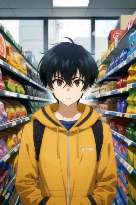 masterpiece, best quality, movie still, 1boy, solo, male focus, looking at viewer, upper body, , ligne claire, realistic, <lora:keitarou_gentouga:0.80>, keitarou_gentouga, black hair, brown eyes, , , supermarket, 12k resolution