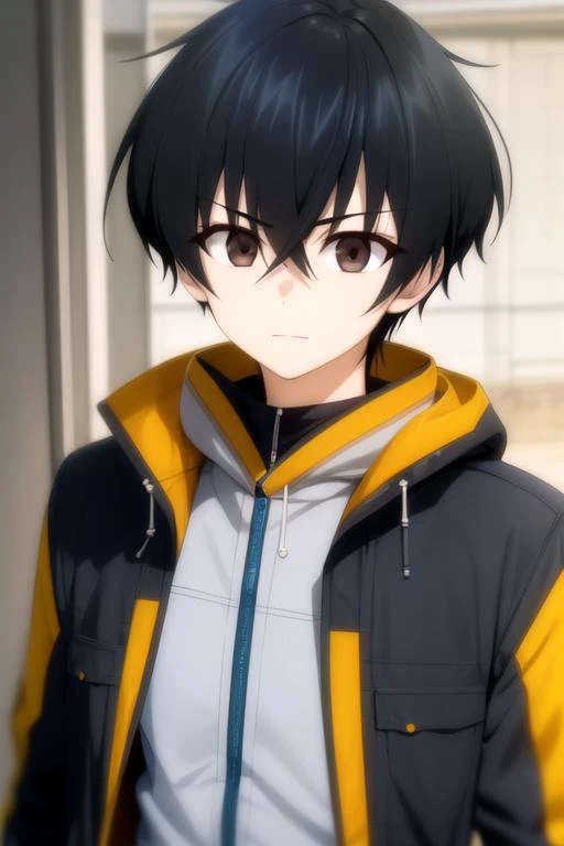 masterpiece, best quality, , 1boy, solo, male focus, looking at viewer, upper body, depth of field, anime coloring, realistic, <lora:keitarou_gentouga:0.80>, keitarou_gentouga, black hair, brown eyes, outlaw costume, science fiction soft science fiction,