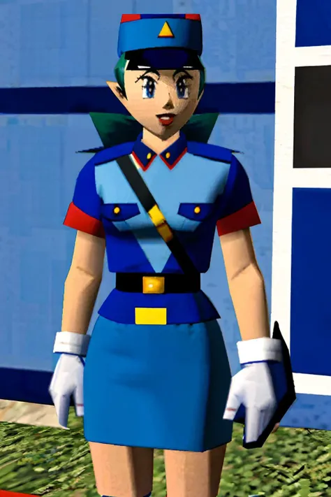 <lora:officerjenny-nvwls-v1:1> pkmnJenny, blue hat, police uniform, blue shirt, short sleeves, belt, pencil skirt, white gloves, high heels <lora:icbin64:1> n64style, pokemonsnap