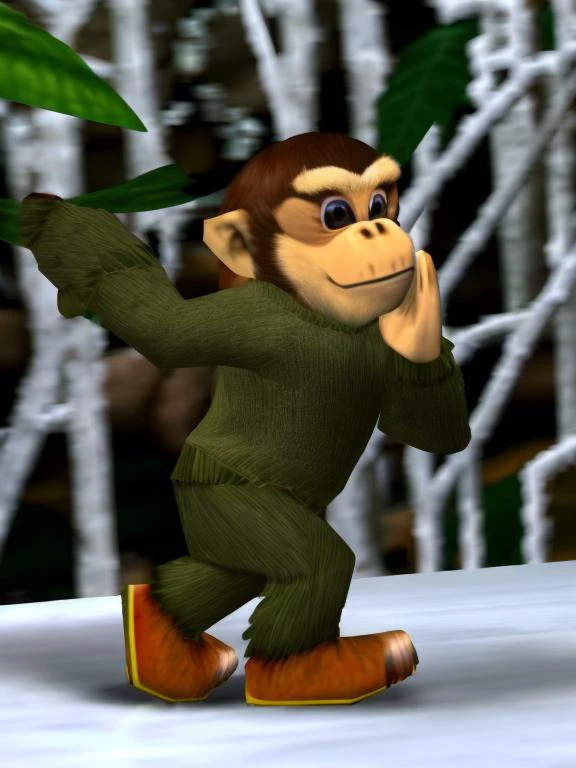 <lora:icbin64:1> 3d, (n64style:1.3), ocarinaoftime, screenshot of a nintendo 64 game, n64, monkey, donkey kong, brown, hair, olive sweater, white shirt, winter forest, natural skin texture, soft cinematic light, elegant, detailed, sharp focus, soothing ton...