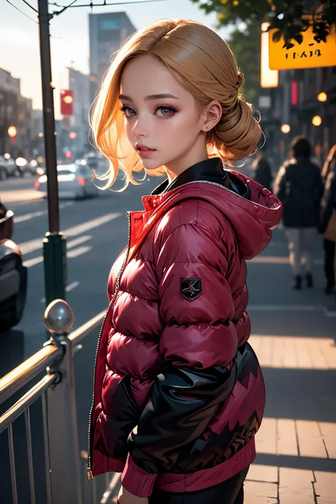 blond woman in a red jacket and black gloves on a city street