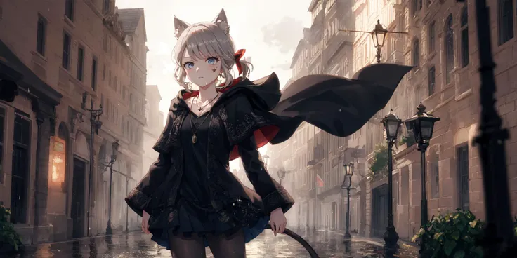 1girl, necklace, long hair, cowboy shot, standing, <lora:lynette02:0.8>, lynette, hair bow, animal ears, grey hair, short hair, facial mark, bow, ribbon, capelet, black pantyhose, low ponytail, tail, 
black cloak, (hood down:1.3), (glaring), 
rain, water d...