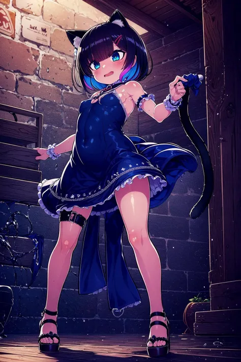 a cartoon image of a woman in a blue dress and black cat ears