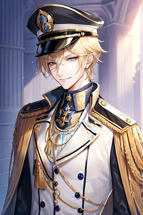 1boy, blonde hair, blue eyes, gloves, smirk, hat, long sleeves, looking at viewer, male focus, military, military hat, military uniform, peaked cap, solo, uniform, upper body, white background, white gloves, <lora:Ikemen_villains_otome_game_style:0.8>