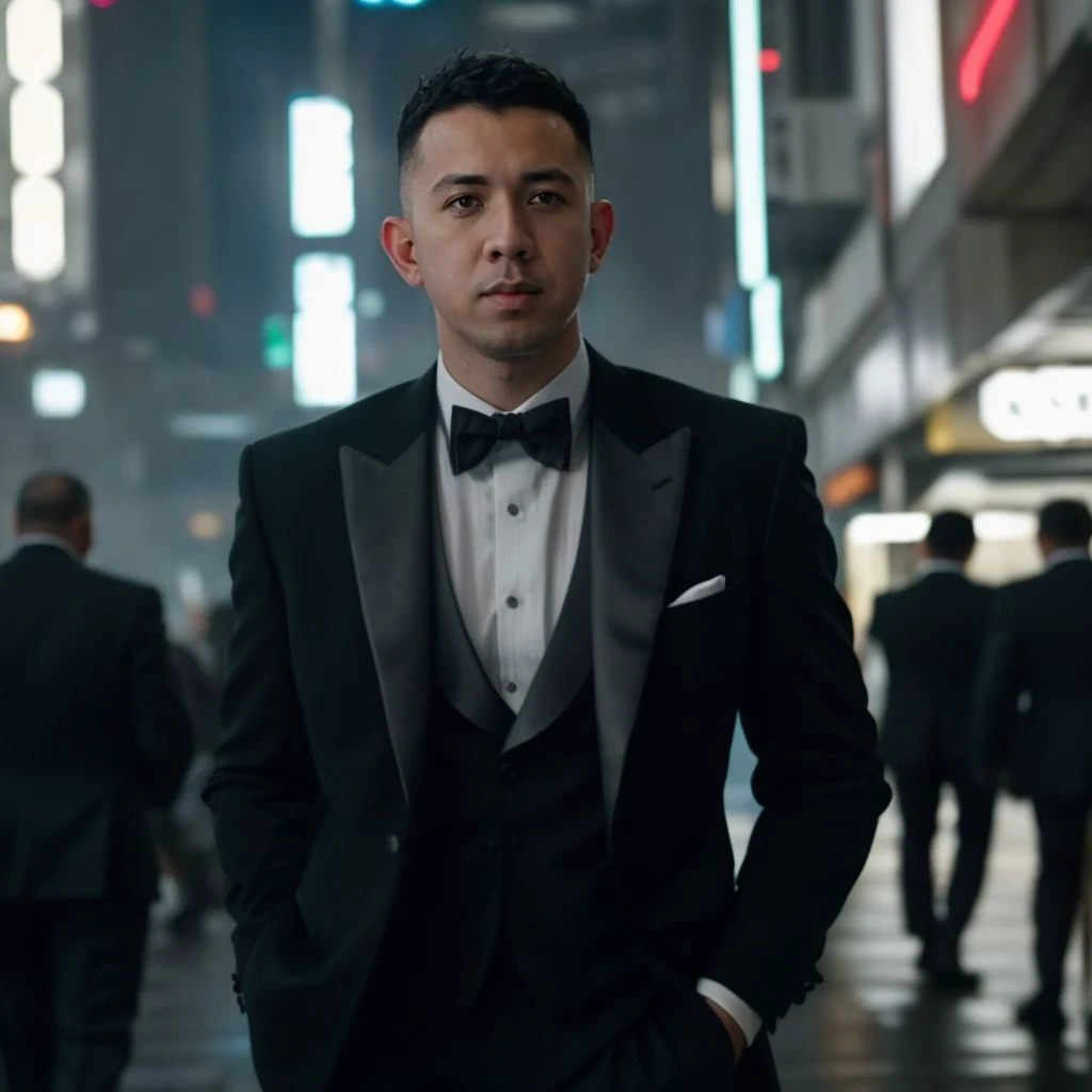 a man in a tuxedo standing in a crowded city street