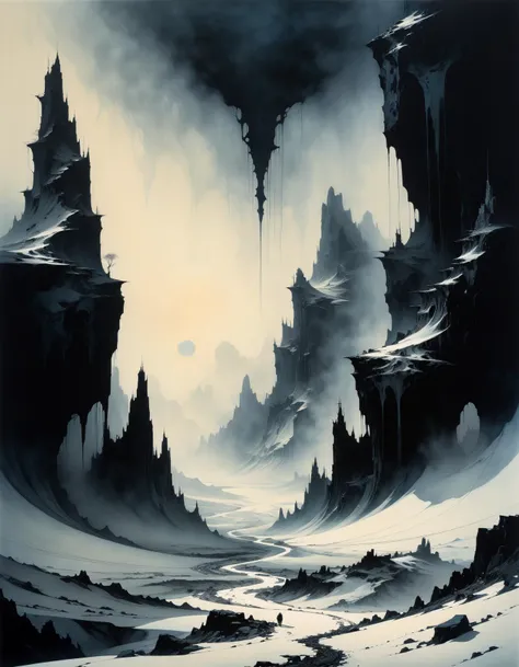 professional photograph of a bizarre otherworldly landscape by  Moebius and Phil Noto and Einar Hákonarson and  Stephen Gammell , bold lines, hyper detailed, dark limited palette, chiaroscuro,  (intricate details, masterpiece, best quality:1.4),
<lora:add-...