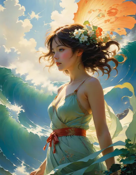 by Charles Courtney Curran and Makoto Shinkai,  (mesmerizing, masterful, beautiful:1.4), poster art, bold lines, hyper detailed, expressive,  award winning,  (otherworldly creature:1.4), (intricate details, masterpiece, best quality:1.4),
looking at viewer...