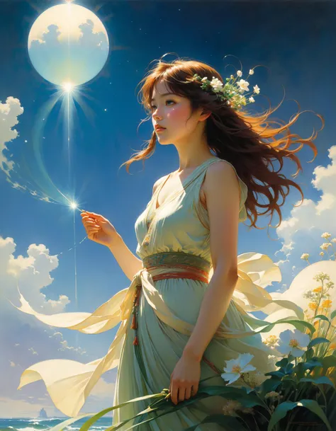 by Charles Courtney Curran and Makoto Shinkai,  (mesmerizing, masterful, beautiful:1.4), poster art, bold lines, hyper detailed, expressive,  award winning,  (otherworldly creature:1.4), (intricate details, masterpiece, best quality:1.4),
looking at viewer...