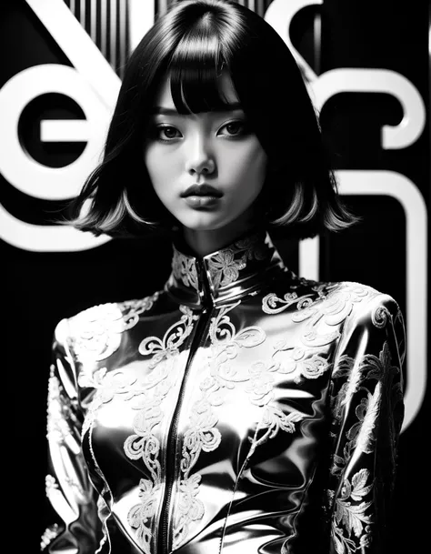 professional monochrome photograph of a 18 year old fashion model by  Daido Moriyama, bold lines, hyper detailed, dark limited palette, chiaroscuro,  (intricate details, masterpiece, best quality:1.4), mesmerizing, Futurism Art Style, dynamic, dramatic, Fu...